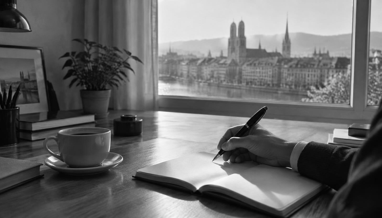 A hand writing with a fountain pen in a notebook, Zurich through the window