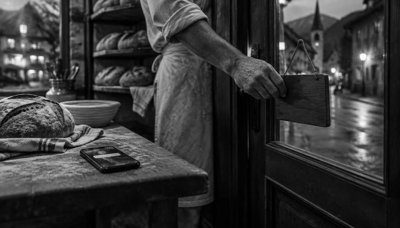 A baker turns the sign on the shop door in the evening, a phone lights up on the counter