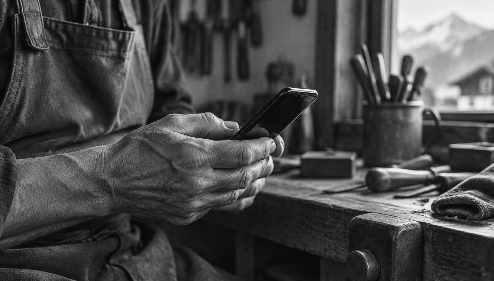 A craftsman's hands holding a phone in a workshop