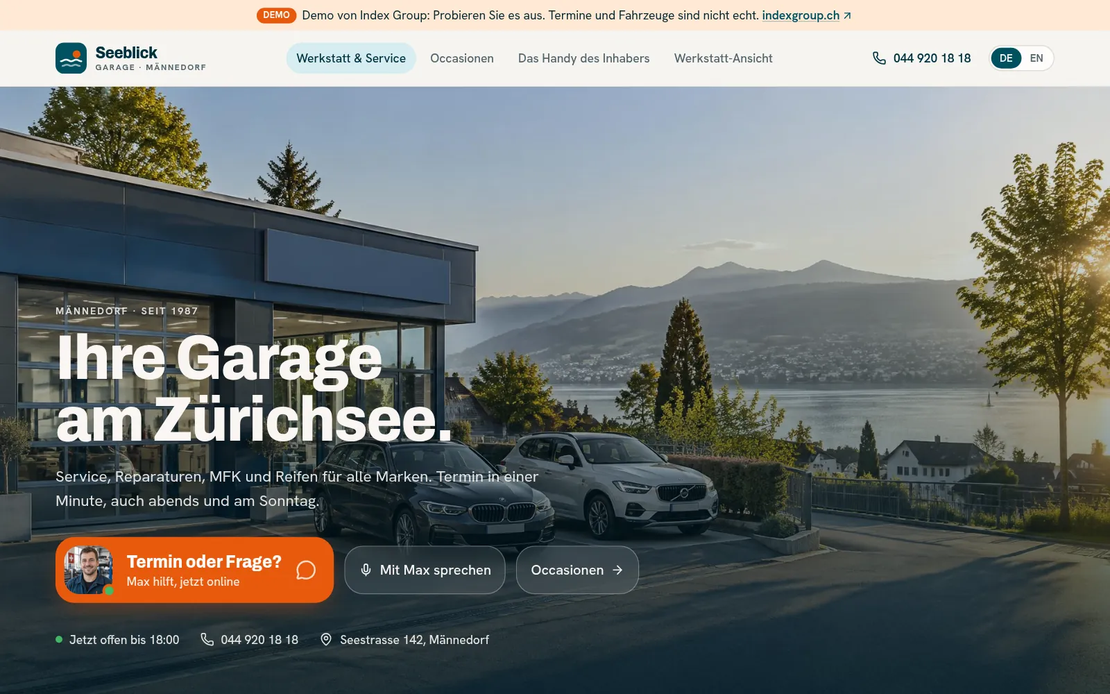 Home page of the Garage Seeblick demo: a garage with two cars by Lake Zurich